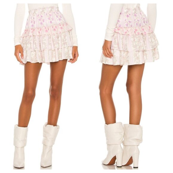 LoveShackFancy Dresses & Skirts - LoveShackFancy Corbett Ruffle Tiered Mini Skirt Floral Pastel Clouds Pink XS